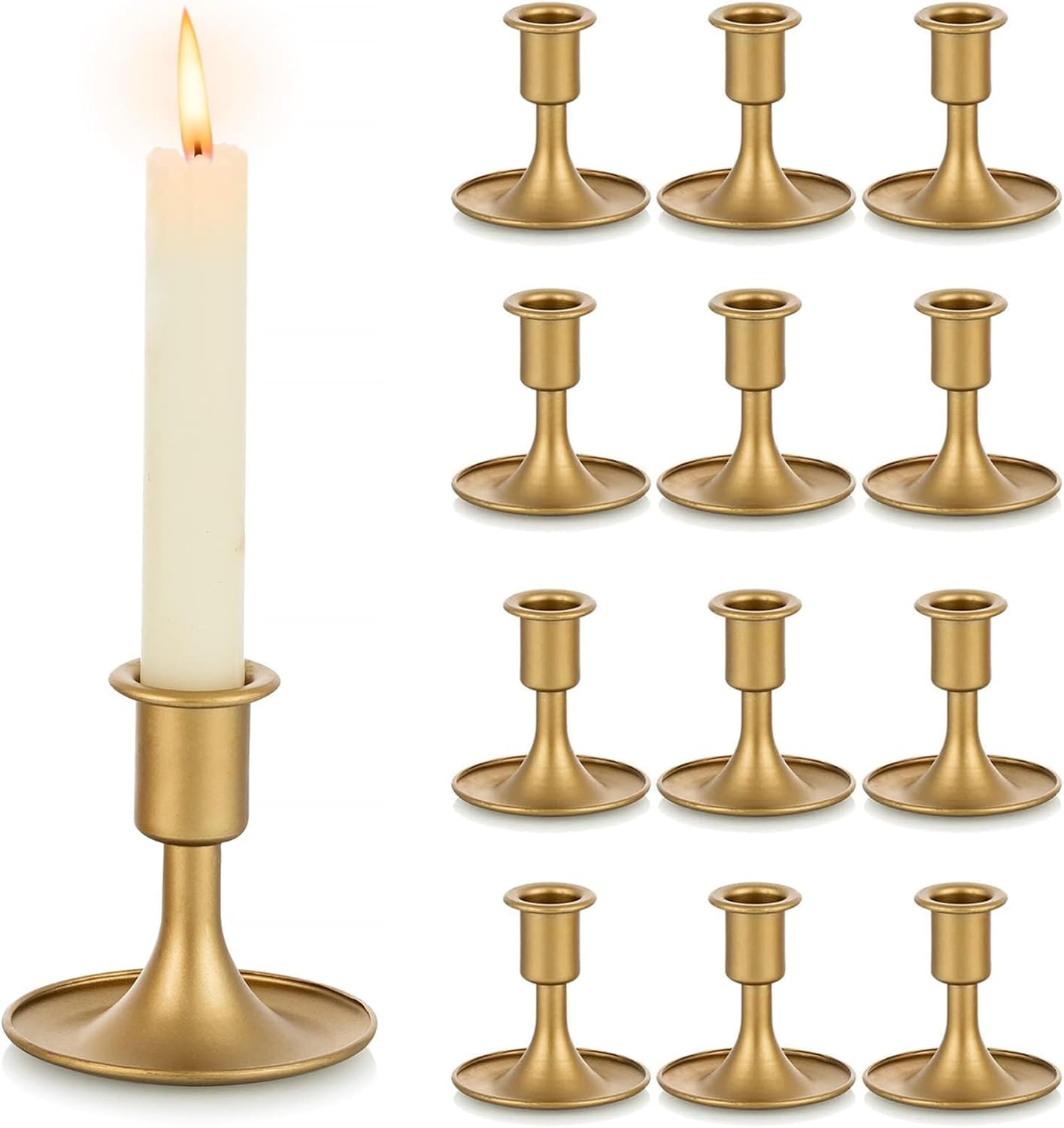 12 Pack Gold Taper Candle Holder Set of 12, Hewory Short Skinny Brass Candlestick Holders, Vintage Small Low Metal Candles Sticks for Wedding Centerpieces Christmas Birthday Party Holiday Dinning Table Decor
